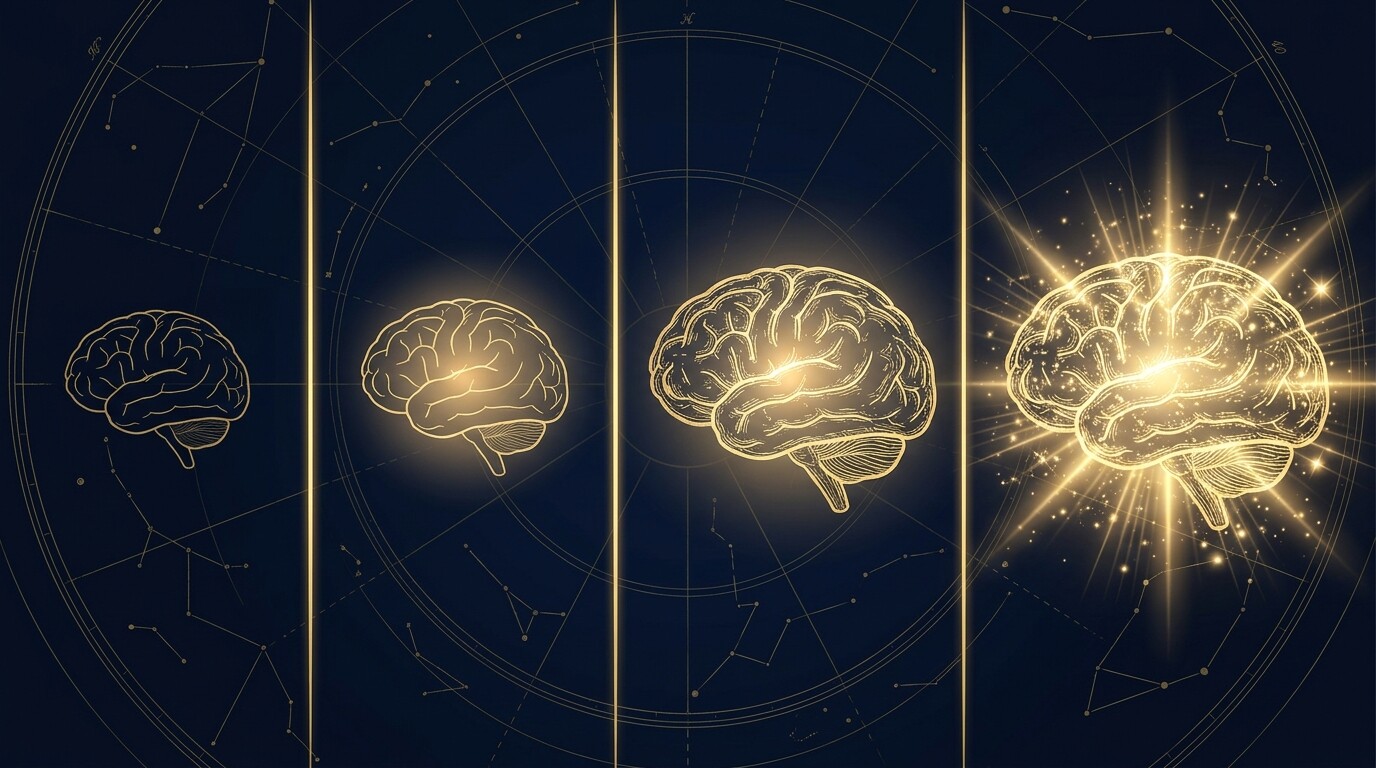 四格漸層發光的腦，象徵從手刻投影片到丟大綱給 AI 生完整份的演進